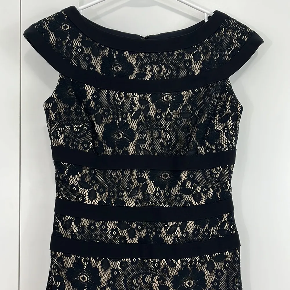 Adrianna Papell Size 2 Beige Black Lace Overlay Cap Sleeve Bodycon Formal Dress - Image 4