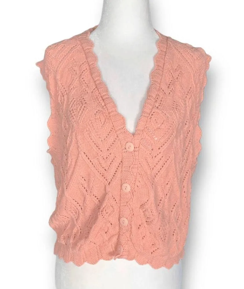 Vintage 90s Pink Knit Crochet Button Front Vest Sleeveless Scalloped Trim Medium - Image 2