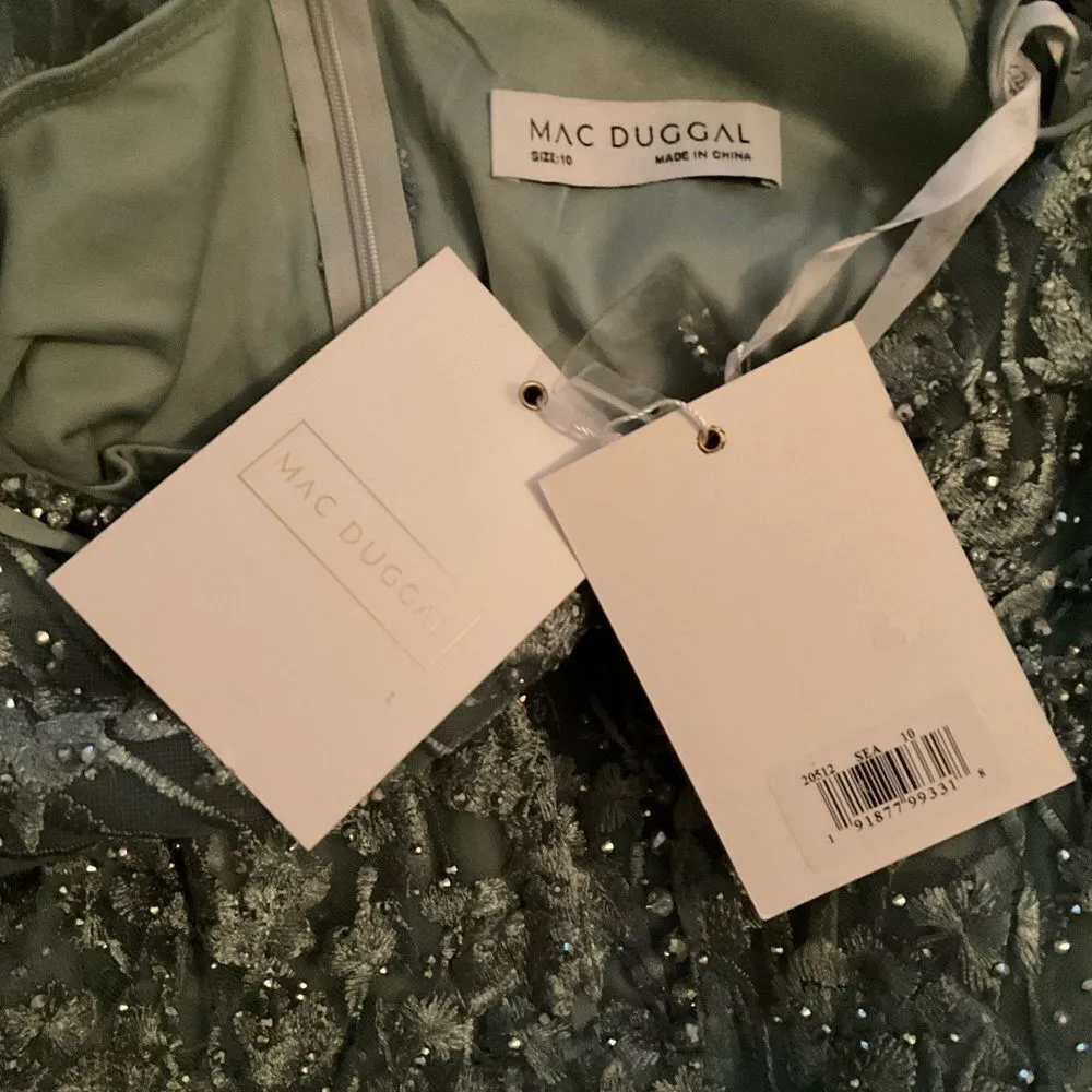 MAC DUGGAL 20512 Green V-Neck Mesh Puff Sleeve  Embellished Tea Length Dress - Image 14