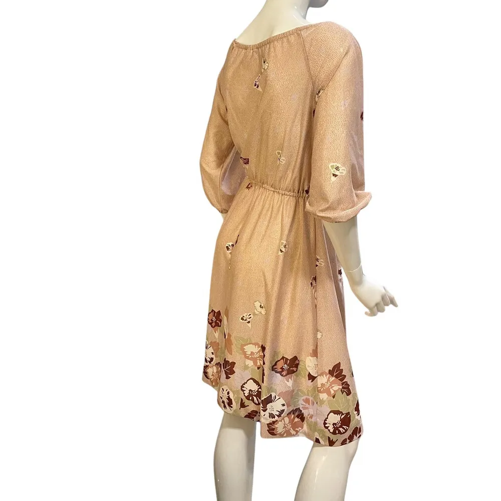 Vintage 70s Floral Brown Summer Sheer Midi Dress Small FlorBusiness Party Look Size M - Image 3