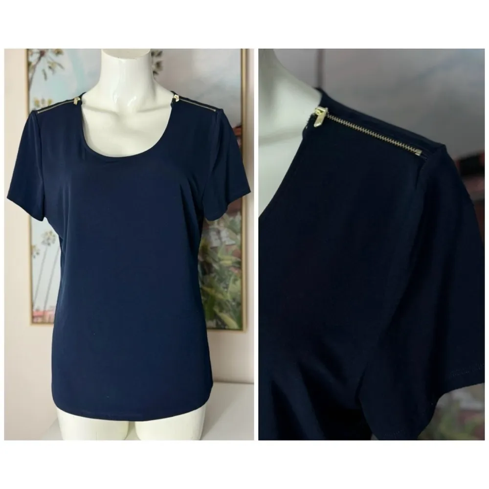 Carmen Marc Valvo Navy Blue Zip Shoulder Short Sleeve Stretch Top Size Large - Image 2