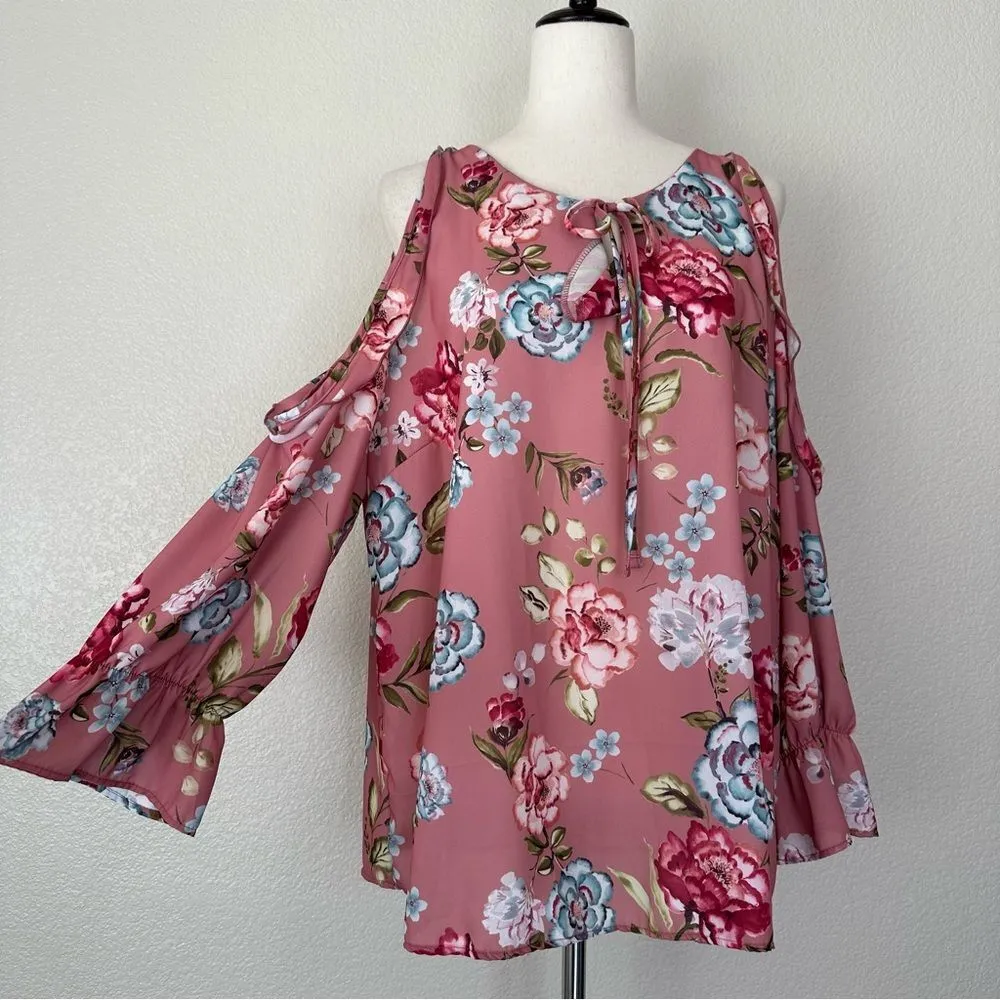 Sweet Pea by Stacy Frati Floral Cold Shoulder Top Pink Size XXL - Image 2