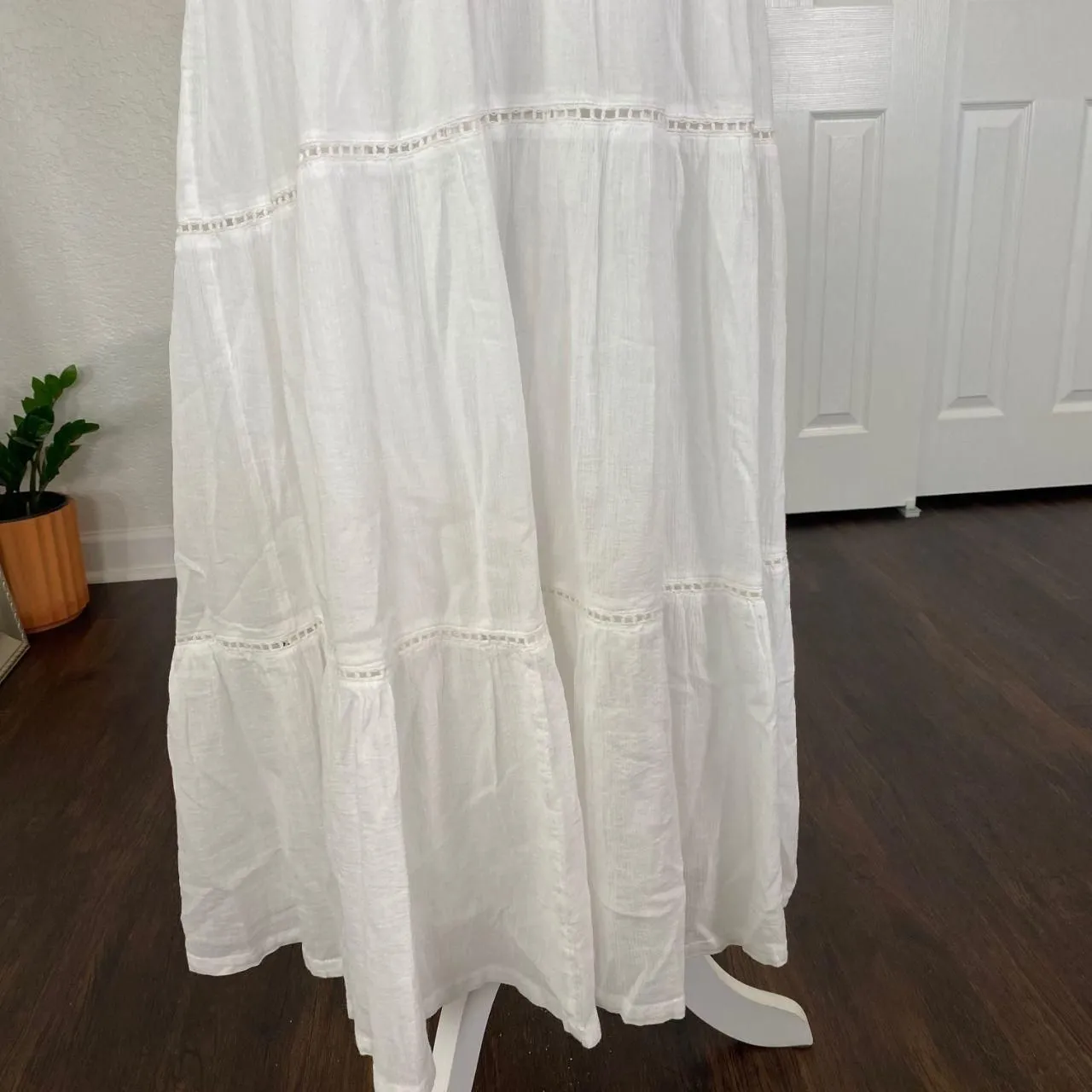 BLAIR 100% Cotton Boho Layered Tiered White Lace Trim Midi Maxi Skirt L - Image 4