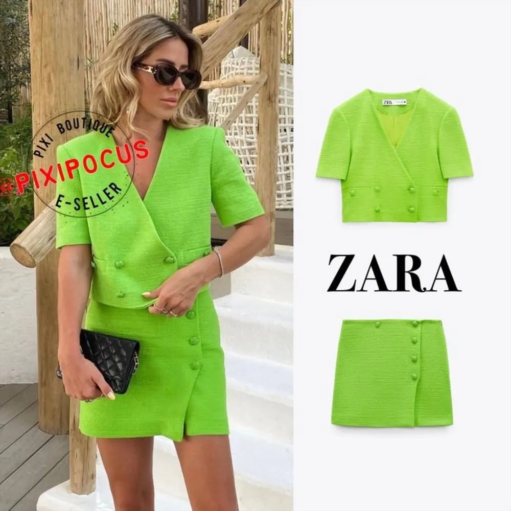 Zara TEXTURED TWEED WEAVE FITTED Cropped Blazer w/Lapel Collar Green XS NEW - Image 7