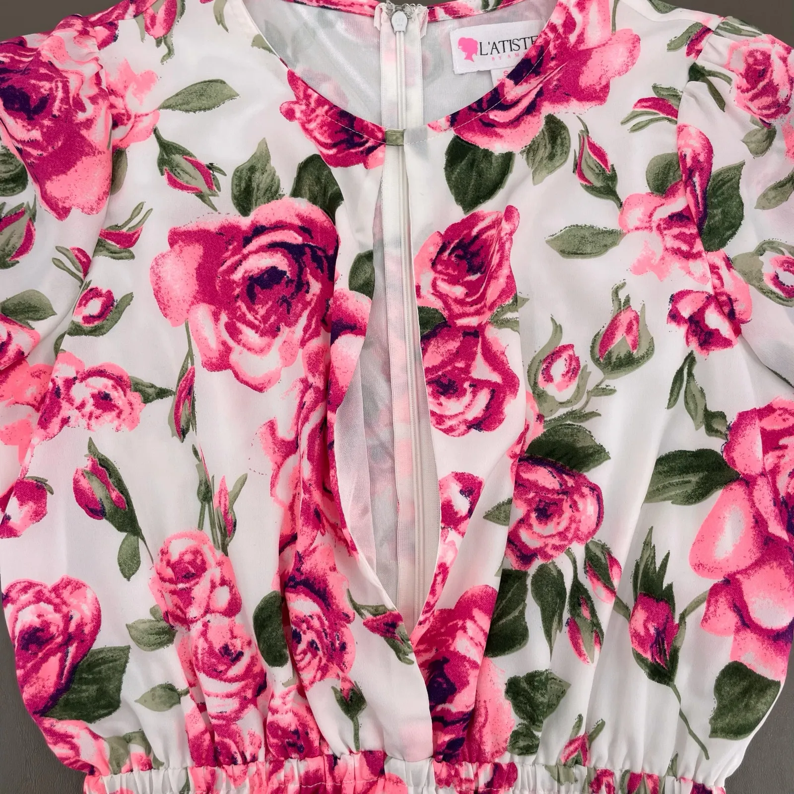 Pink Rose Romper Long Sleeve Floral Playsuit Short Summer L’Atiste by Amy Size S - Image 4