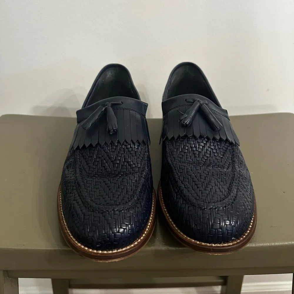 Annabella Navy Blue Woven Leather Kiltie Tassel Loafers Size 39/8 - Image 3