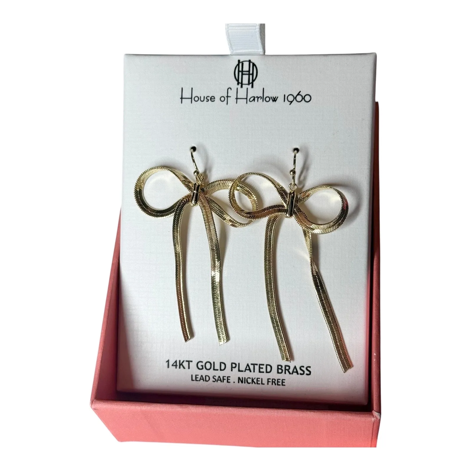 House of Harlow 1960 Bow Earrings 14K Gold Plate Brass Omega Chain Ribbon Drop - Image 4