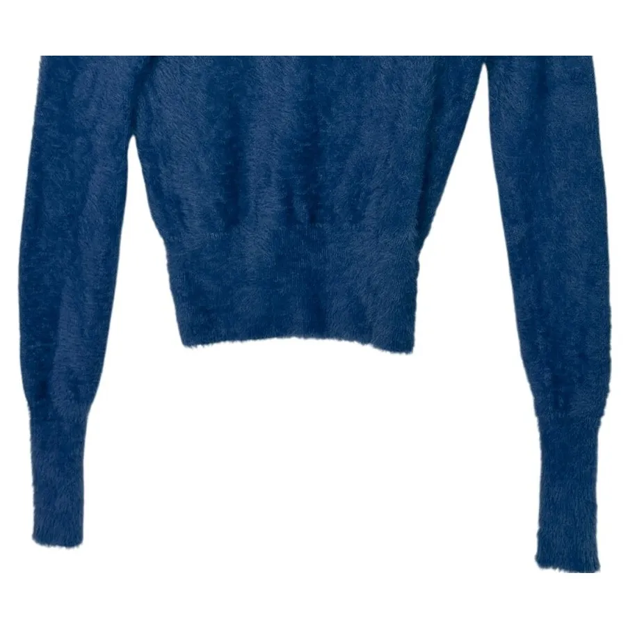 Zara Soft Fuzzy Knit Long Sleeve Crew Neck Cropped Sweater S Dark Blue #4084 - Image 3