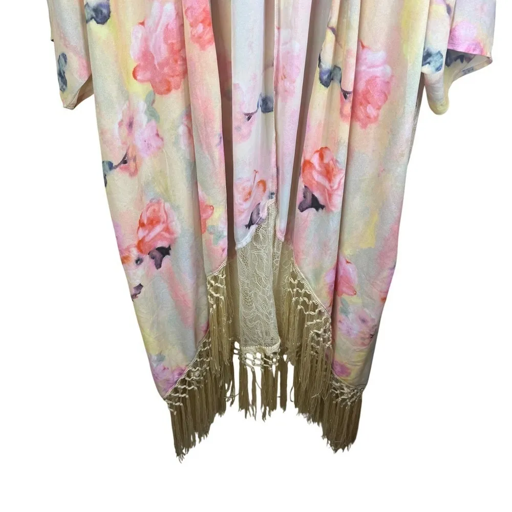 Melissa McCarthy Seven Kimono Cardigan Floral Lace Fringe Boho Robe Plus Size 1X Pink - Image 3