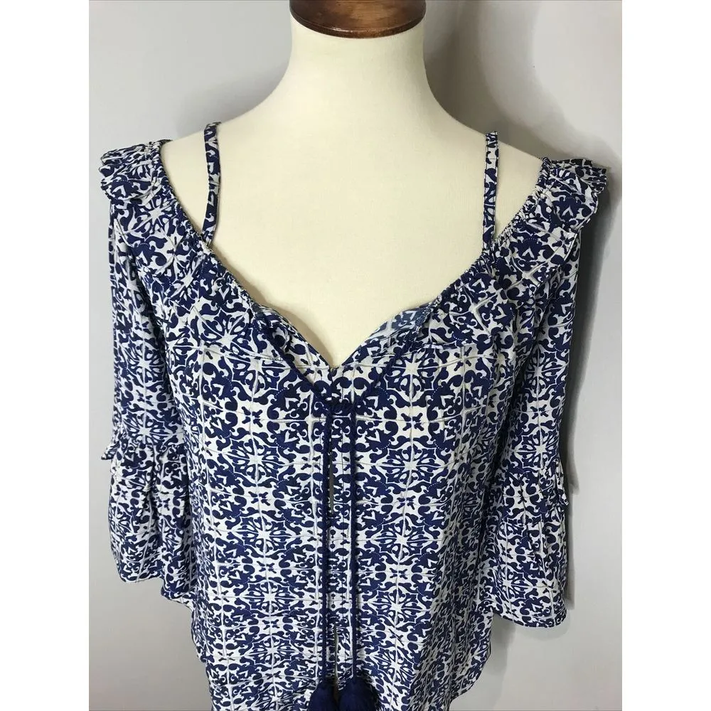 Figue Blue White Silk Off Shoulder Indian Boho‎ Blouse Top Shirt Medium M - Image 5