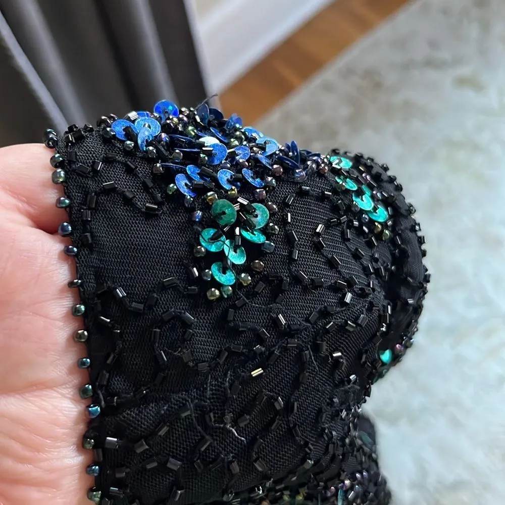 Vintage Brilliante Beaded Sequin Party Top M–L Black Floral Scoop Neck 80’s Size M - Image 4