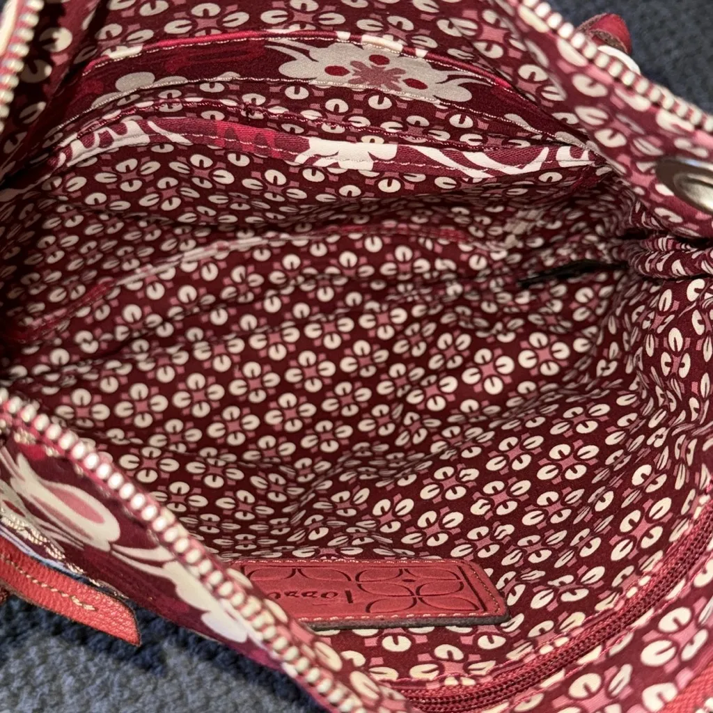 Fossil Red Floral Canvas Leather Crossbody‎ Bag Adjustable Strap Silver Hardware - Image 11