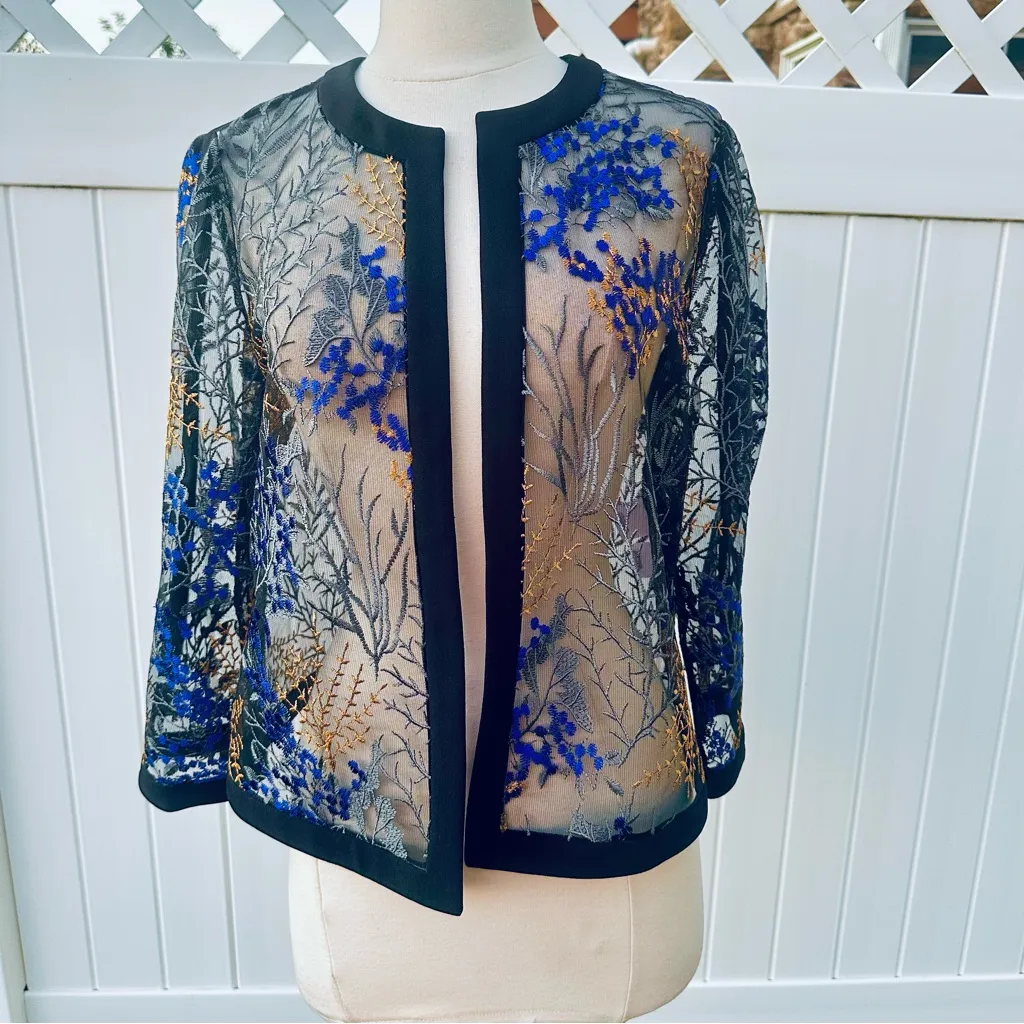 Nipon Boutique Elegant Sheer Embroidered Tulle Jacket Top Black Size 8 - Image 2