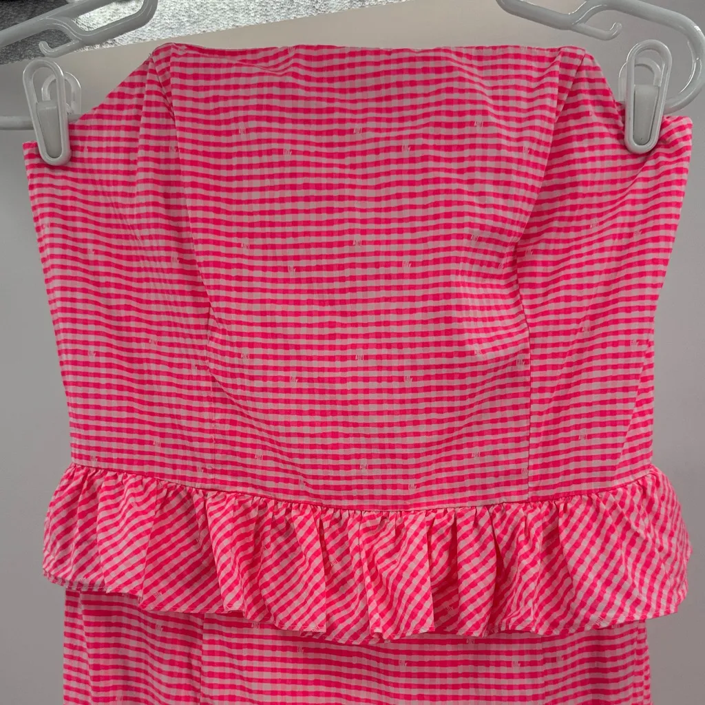 Lilly Pulitzer Lowe Fiesta Pink Pretty Gingham Strapless Peplum Dress 6 neon - Image 4