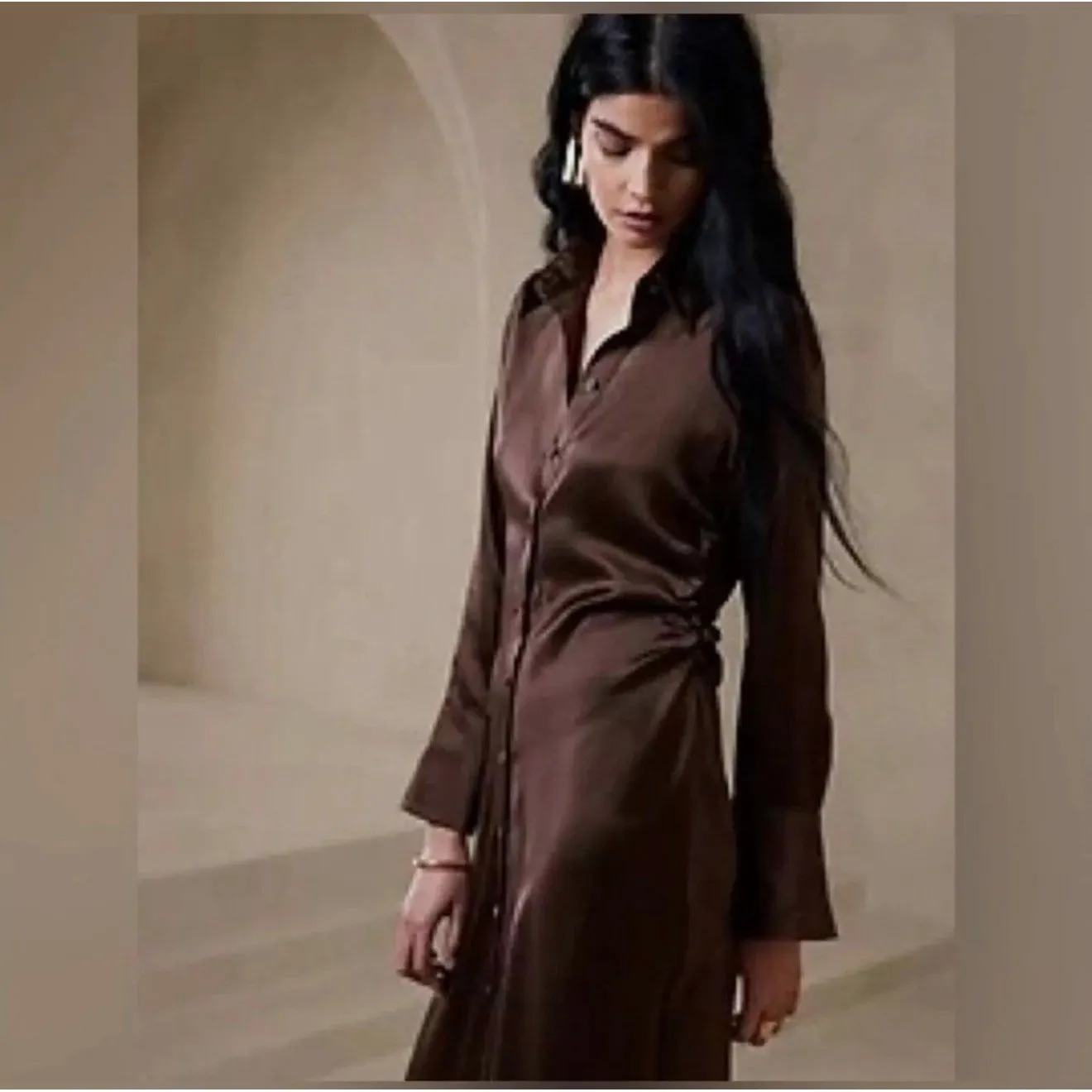 Banana Republic 100% Silk Brown Shirt Dress Petite XXS Button Front - Image 5