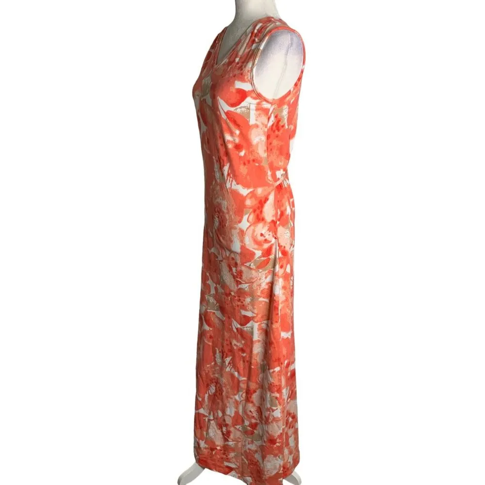 Denim Co Sleeveless Maxi Dress XXS Orange Floral V Neck Waist Tie Stretch - Image 3