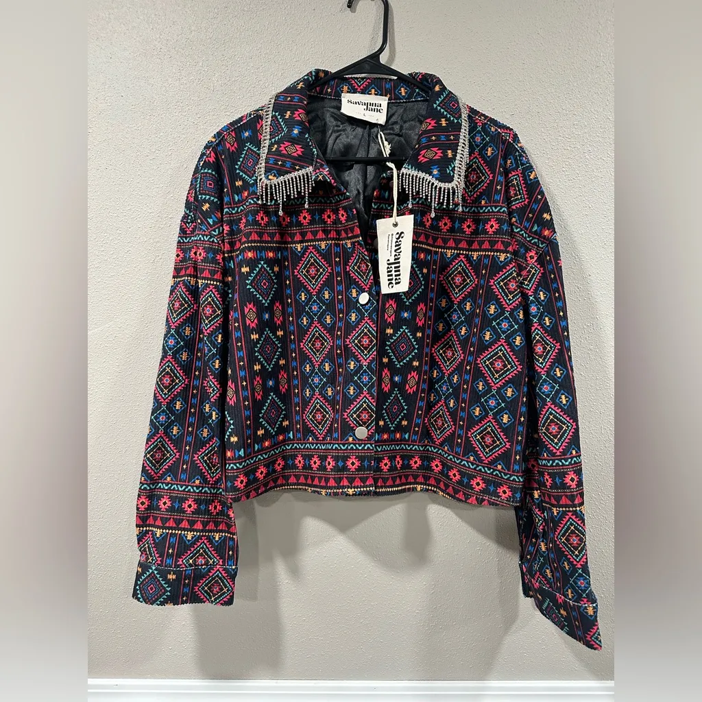 NWT Savanna Jane Aztec Print Corduroy Jacket With Rhinestone Collar Size L - Image 4