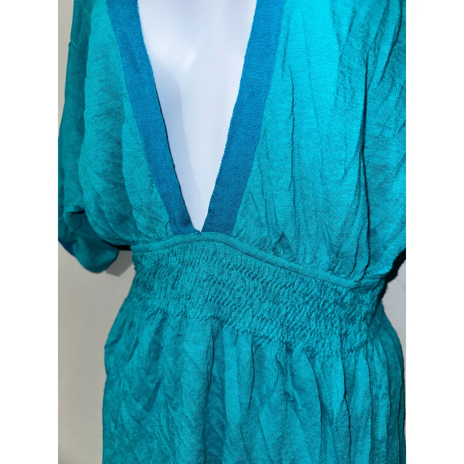 Victoria's Secret Cover Up Tunic Top Teal Blue Linen Blend Smocked Waist‎ - Image 3