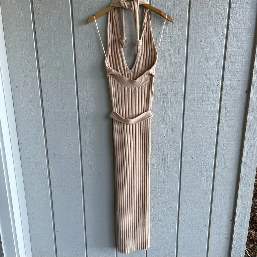 NICHOLAS Plunge Neck Ribbed Cotton Knit Dress Neutral Beige Size M Tan Size M - Image 6