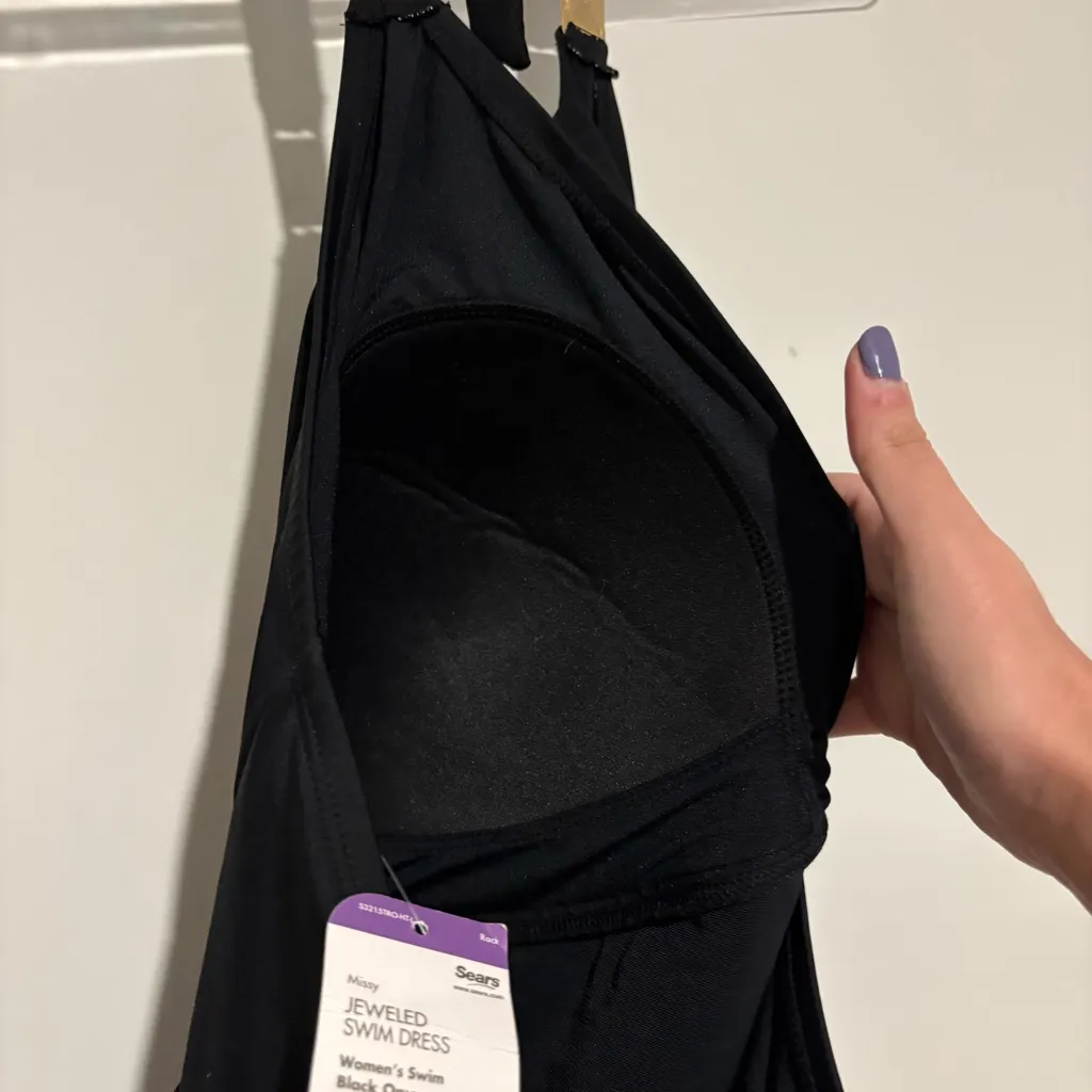 Tropical Escape 1pc Swimsuit dress Runched Front jewel beaded strap black 24w - Image 7