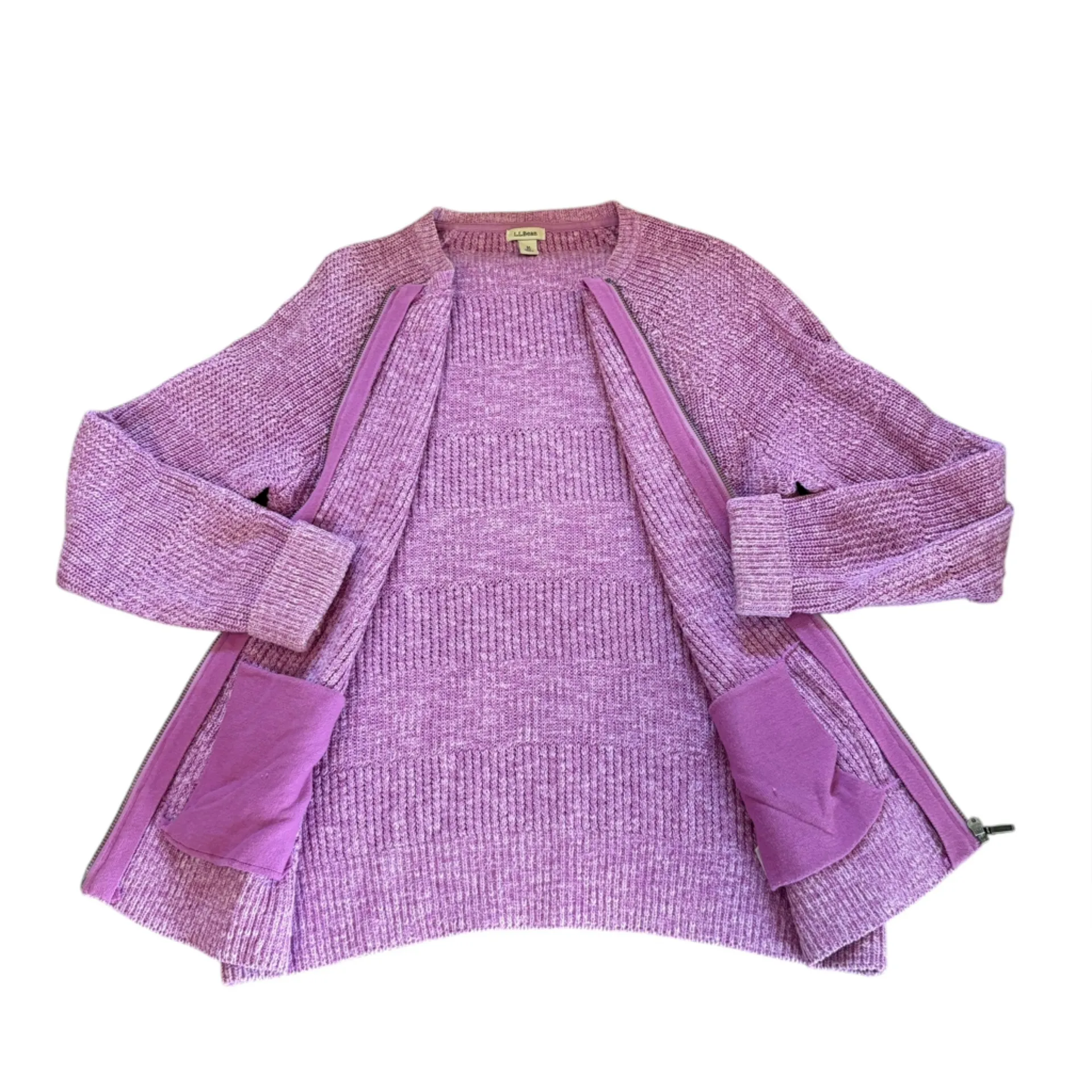 LL Bean Full Zip Fishermans Cable Knit Cardigan Sweater Womens Med Pink Purple - Image 5
