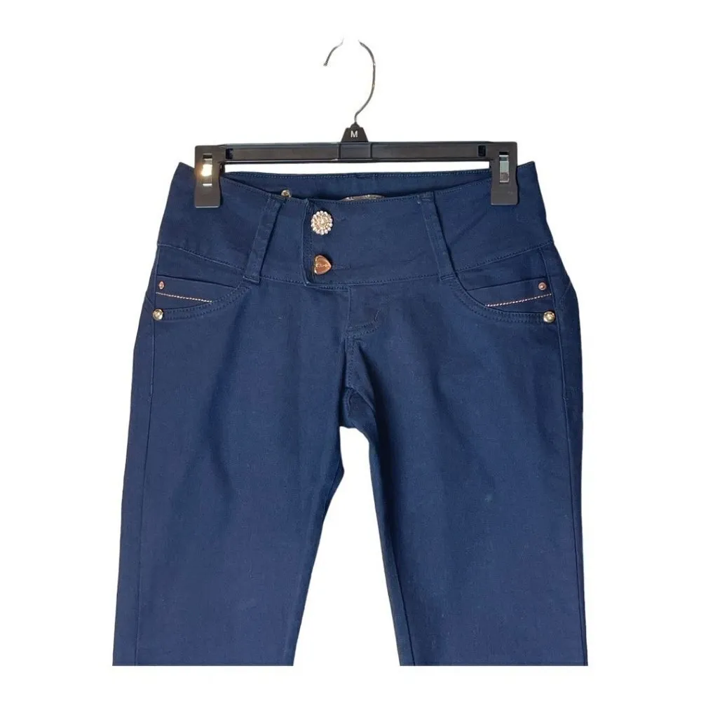 BLK DNM‎ Blue Dark Wash Jeweled Button Wide Waistband Slim Jeans Size 28 - Image 3