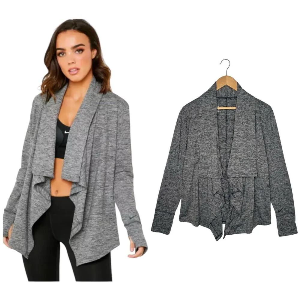 Nike Yoga Top Womens M Dri Fit Open Front Drape Cardigan Heathered Athletic Gray - Image 14