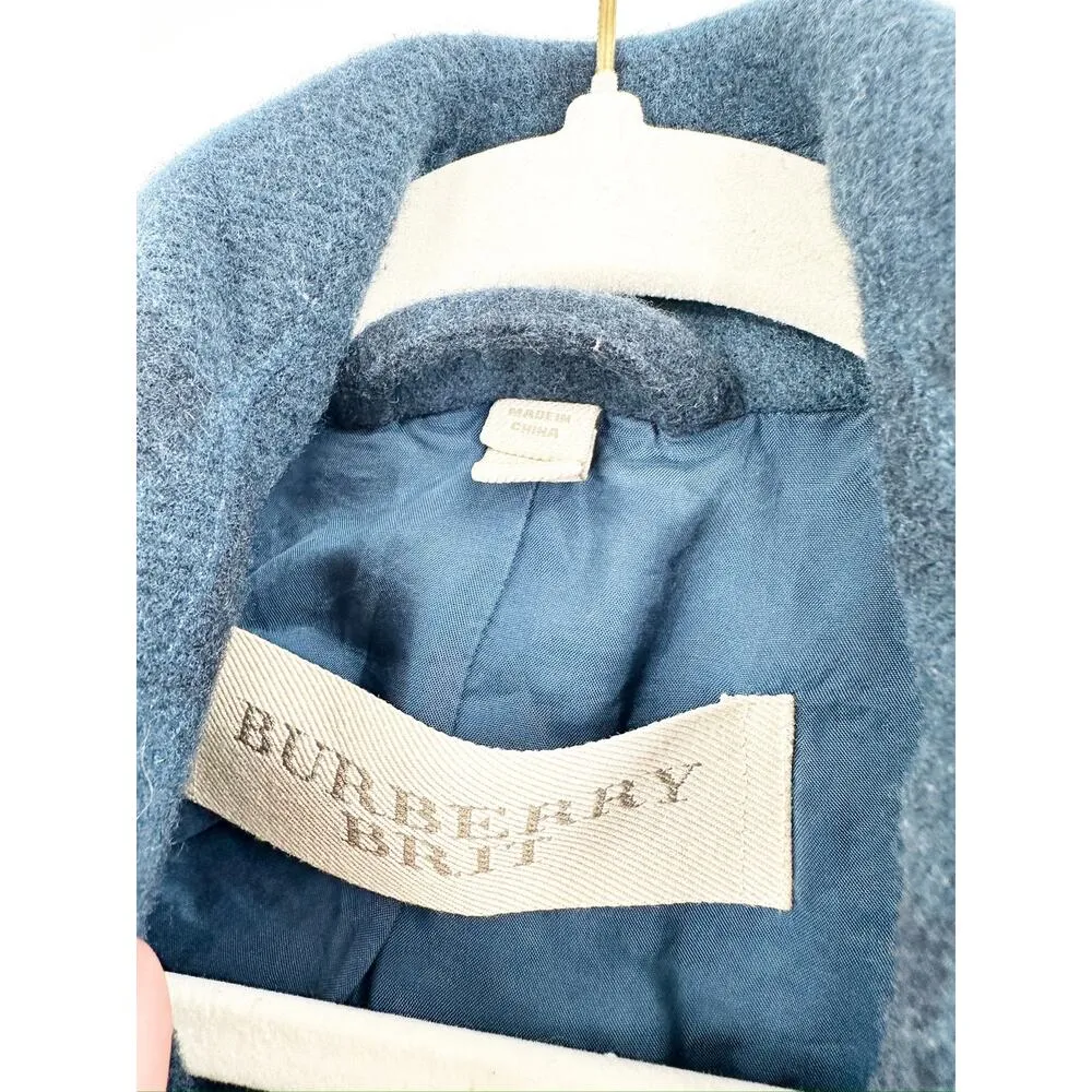 Burberry Brit Blue Full Nova Check Plaid Wool Pea Coat Jacket Women’s Size 2 - Image 2