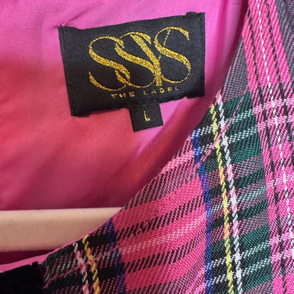 SSYS Everly Velvet Bow Trim Puff Sleeve Shift Dress Pink Tartan Women's Large - Image 4