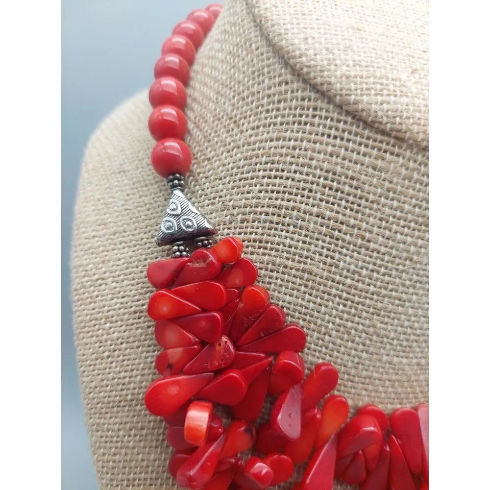 Beautiful Artisan Faux Polished Coral Collar Necklace Double Strand Teardrop 16" - Image 2