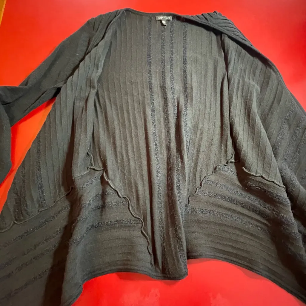 Eileen Fisher Cardigan womens L Wool Blend Rib Knit Drape Front Black Minimalist - Image 14