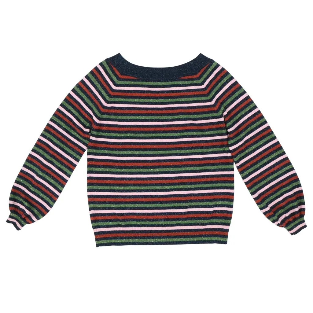 Boden Mabel Wool Cotton Metallic Bishop Sleeves Striped Boatneck Sweater 10 Blue - Image 6