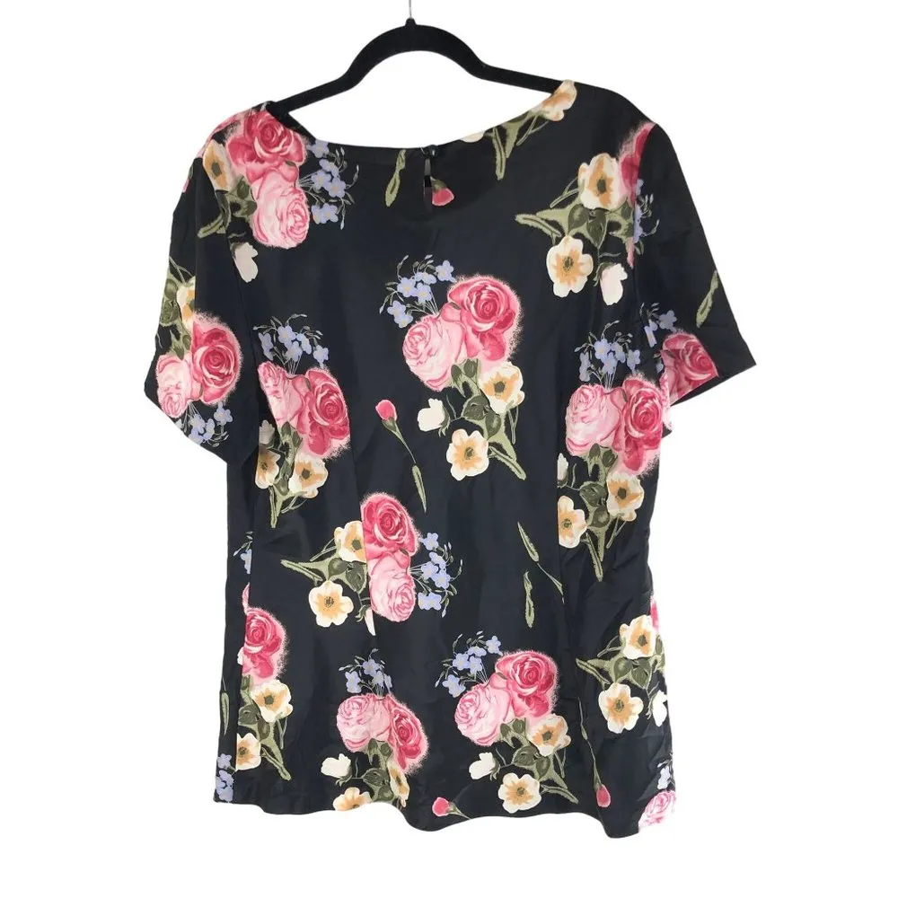 Leslie Fay Womens Vintage Top Blouse Waterfall Neckline Floral Black Pink 18 - Image 2
