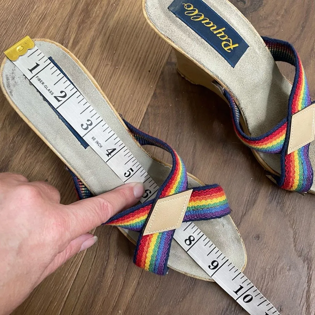 Vintage 70s 80s Rapallo Rainbow Wedge Mules Heels 7 38 Red - Image 11