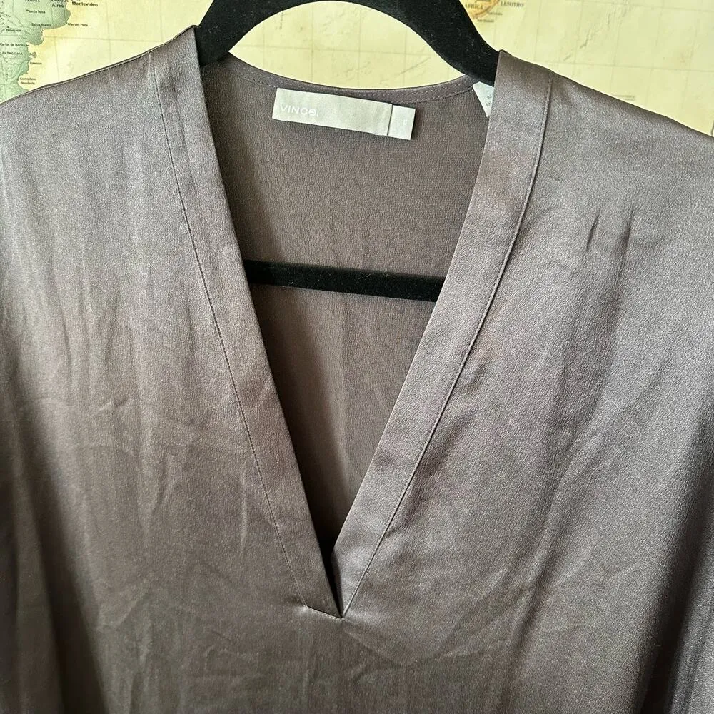 Vince Silk Satin Long Sleeve V-Neck Tunic Dress XS Graphite Grey Silver - Image 5