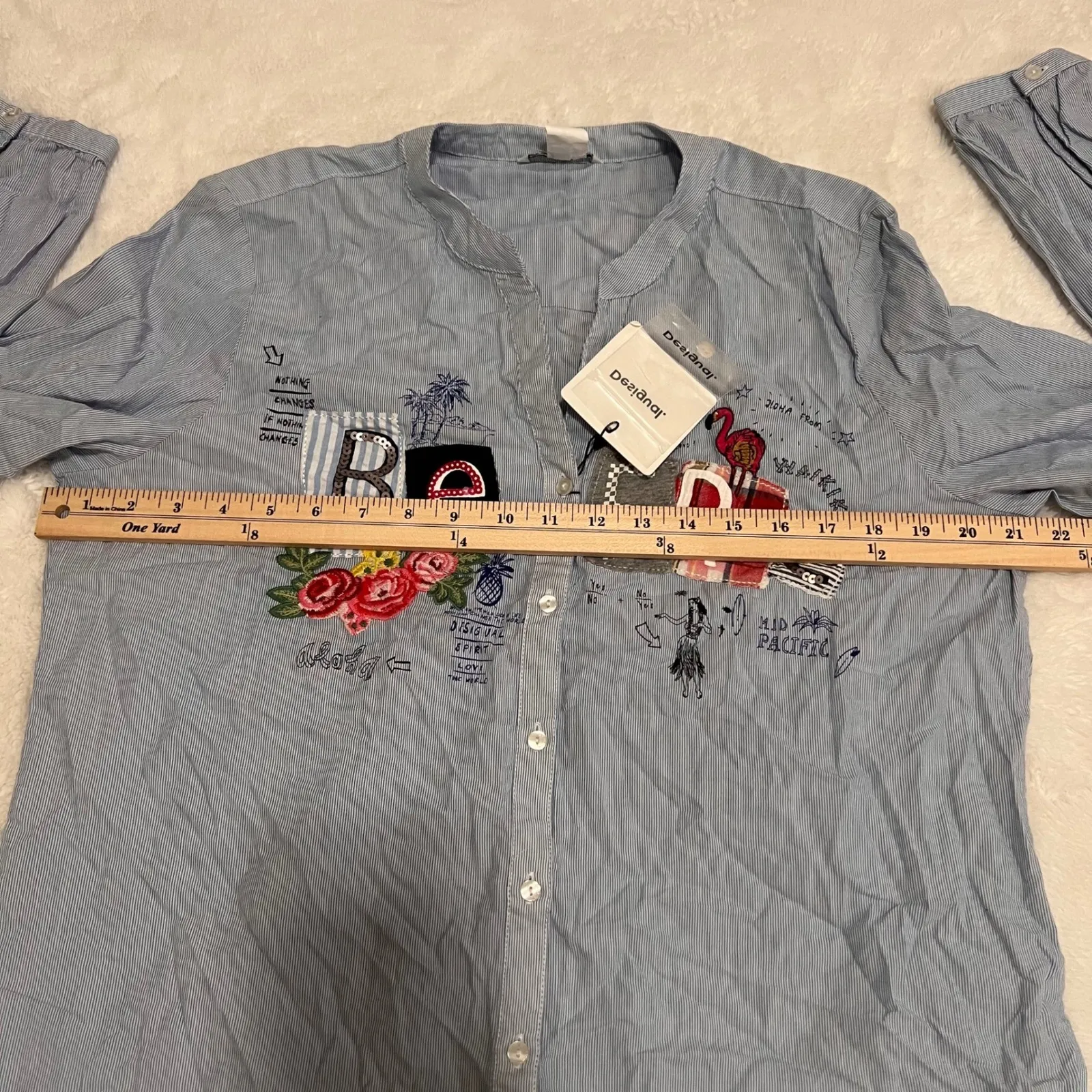 Desigual Striped Embroidered Patch Button Up Shirt Blue Long Sleeve Collared NWT - Image 6