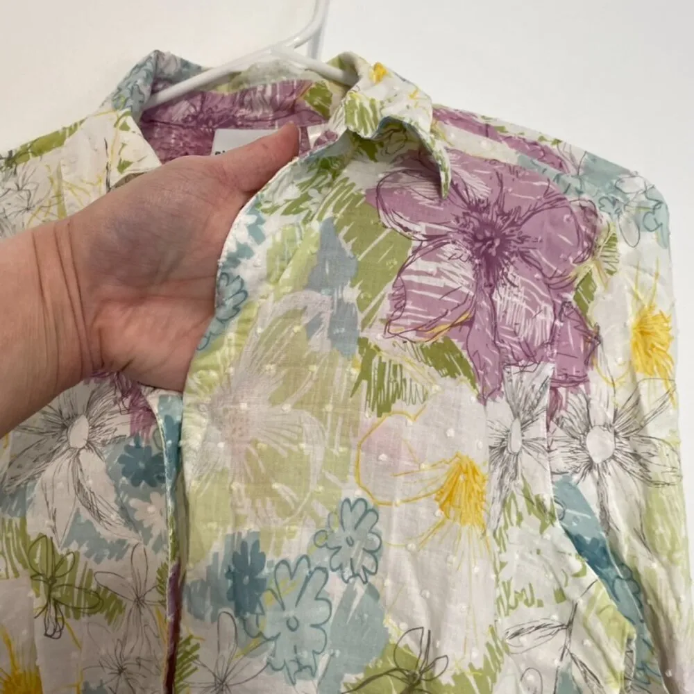 ALFRED DUNNER White Green Purple Floral Swiss Dot 3/4 Sleeve Cotton Button Down - Image 5