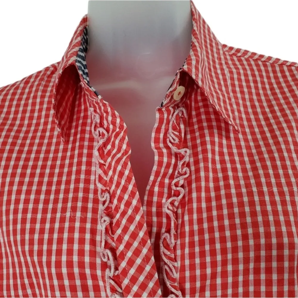 LILLY PULITZER GINGHAM CHECKERED RED WHITE BLUE PRINT RUFFLED LONG SLEEVE TOP 6 - Image 5