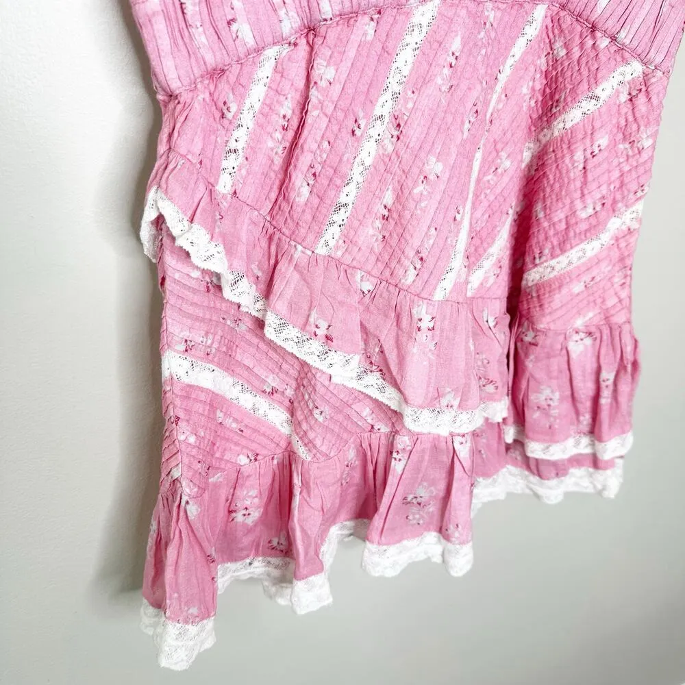 LoveShackFancy Bonita Mini Dress Ruffles Lace V-Neck Short Sleeve Pink Size M - Image 5