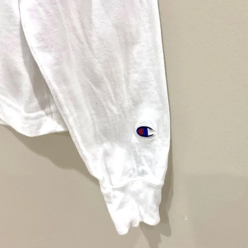 Champion White Hooded Tee Shirt Long Sleeve Cropped T-Shirt Sz Med - Image 4
