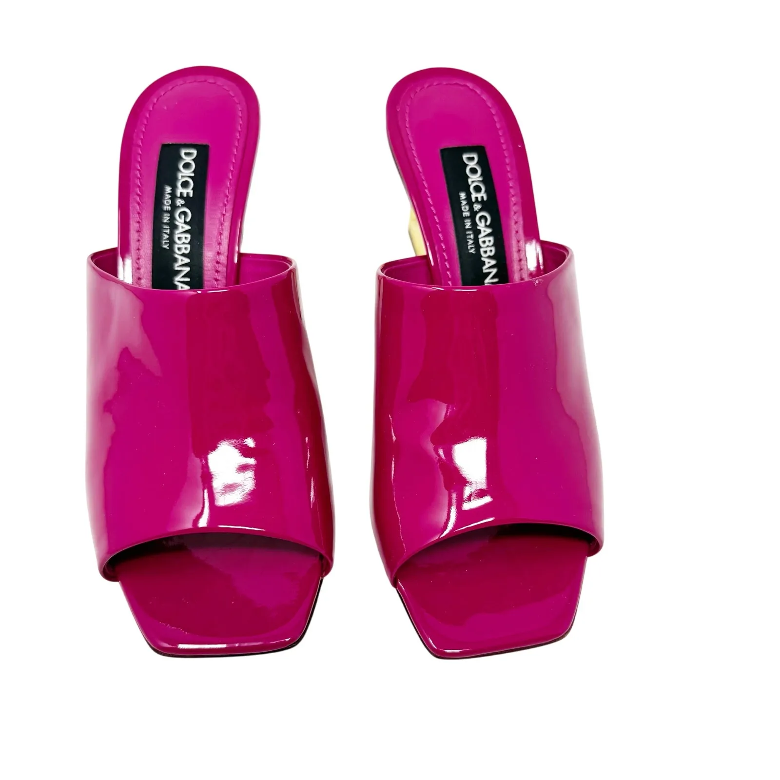 Dolce & Gabbana Fuchsia Pink Patent Mules Gold DG Heel Logo Sandals Size EU 37.5 - Image 3