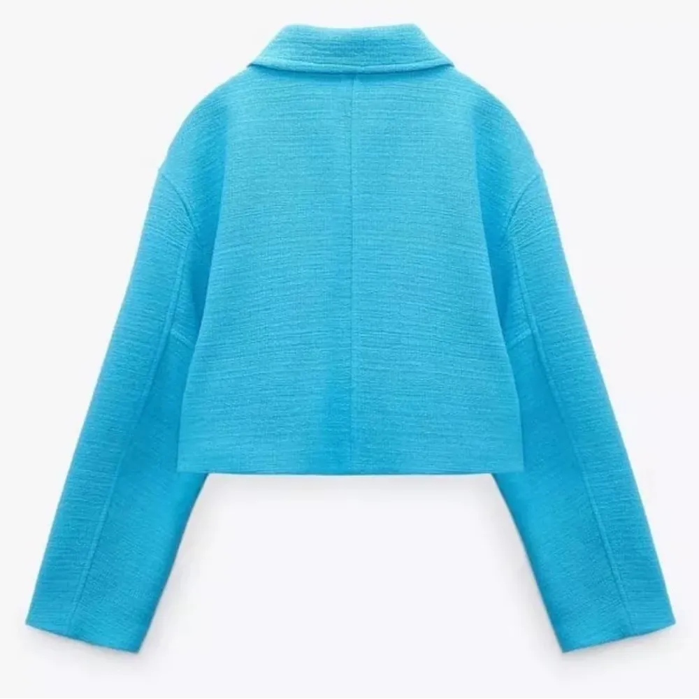 ZARA Cropped Bomber Tweed Weave Textured Zip Jacket Blue Size XS NEW - Image 15