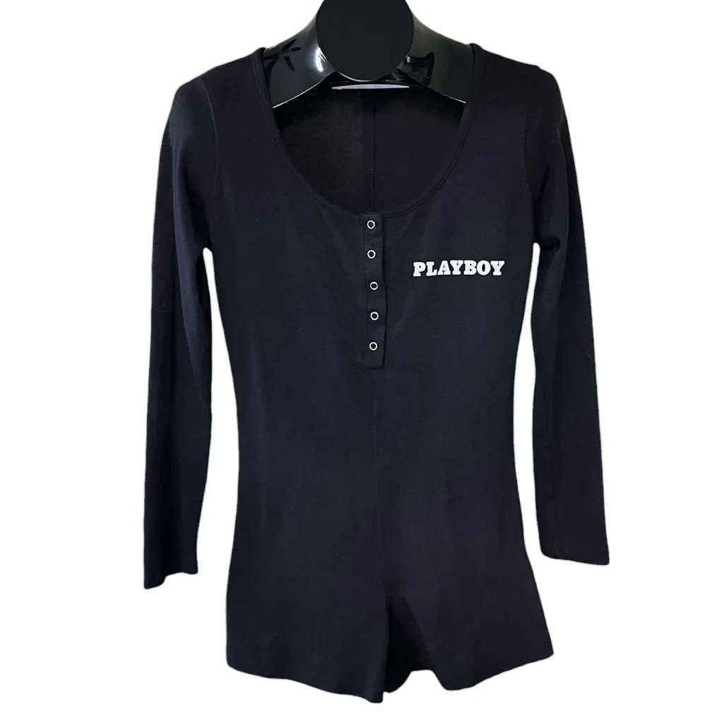 Missguided x Playboy black long sleeve button front playsuit - Image 2