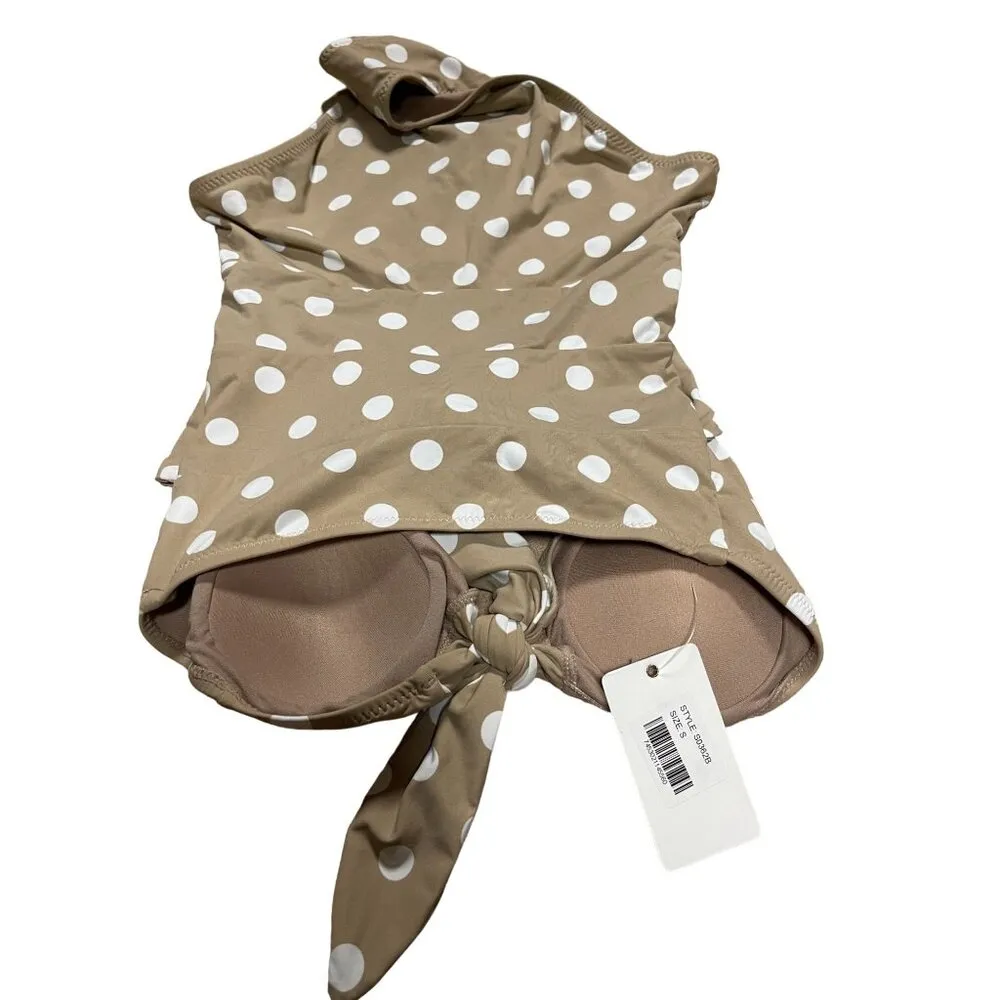 NWT New ENVYA SWIMSWEAR Belen Double Tie Polka Dot Swimsuit One Piece Small Tan - Image 4