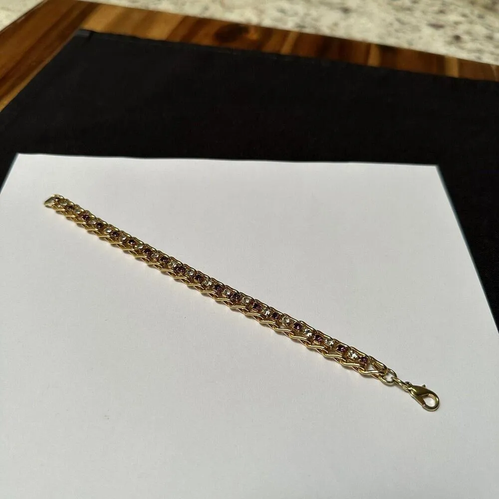 Women’s Gold Tone Purple / Clear Rhinestone Tennis Chain Bracelet 7 3/8 Inch - Image 4