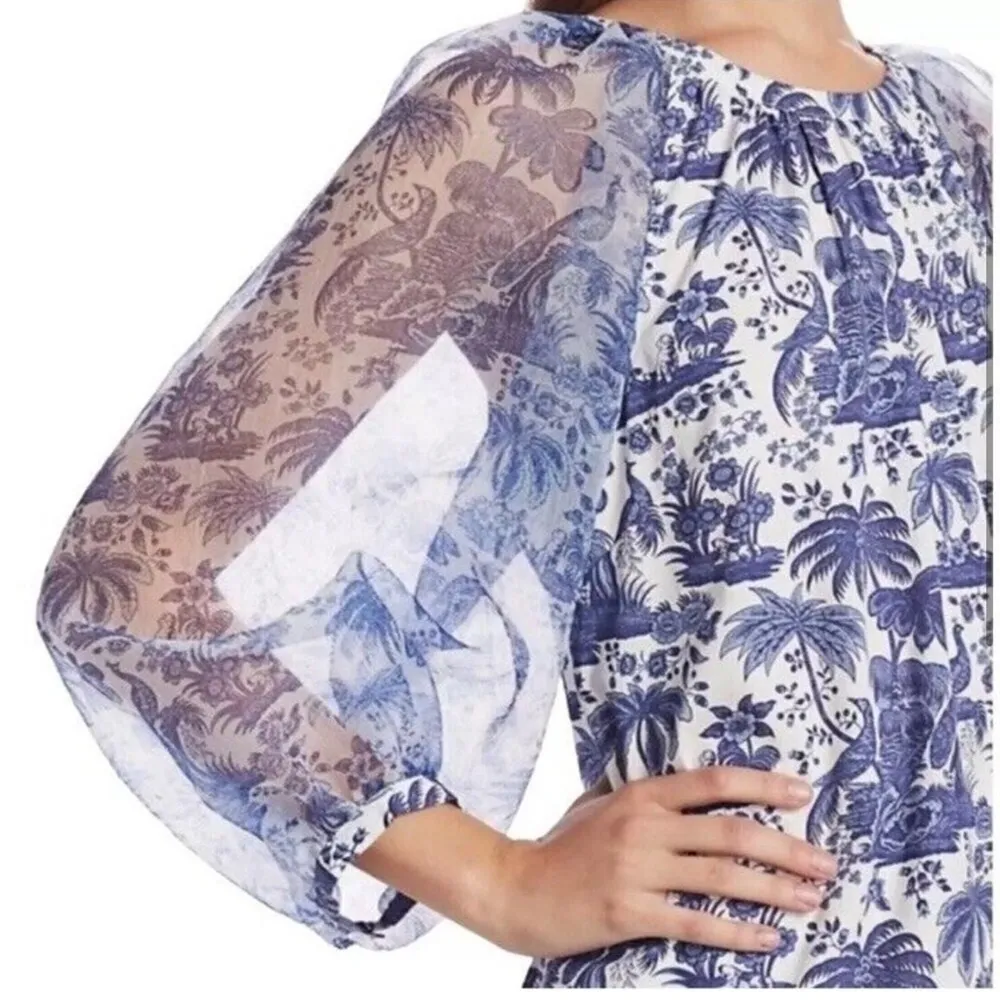 STAUD Garden Balloon Sleeve Shift Dress In China Blue Toile - Image 5
