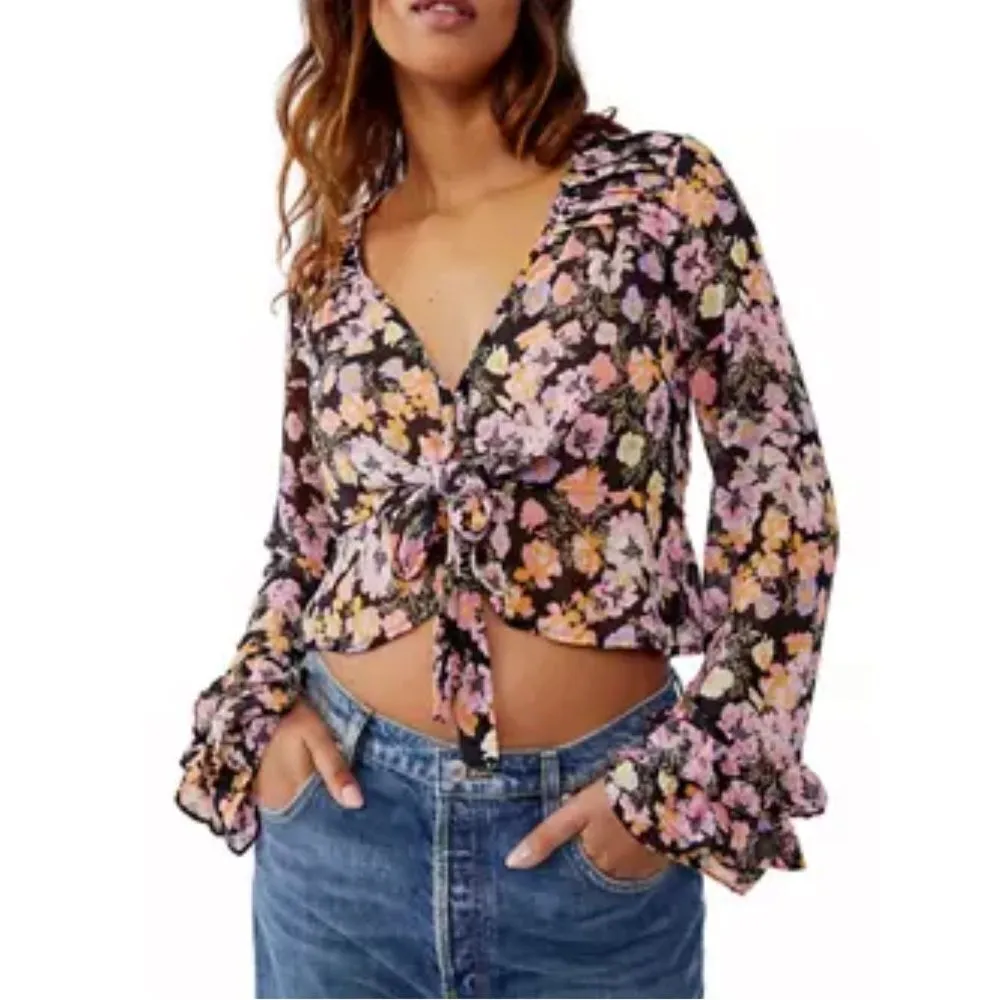 FREE PEOPLE Maybel Sheer Floral Tie Front Peplum Top Crop Black Pink Small‎ New - Image 3
