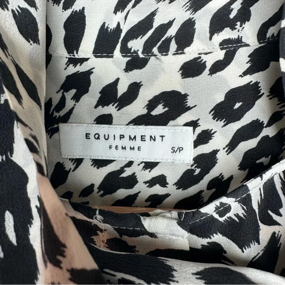 Equipment Femme Leema Black/White Leopard Print Tie Neck Long Sleeve Dress Small - Image 4