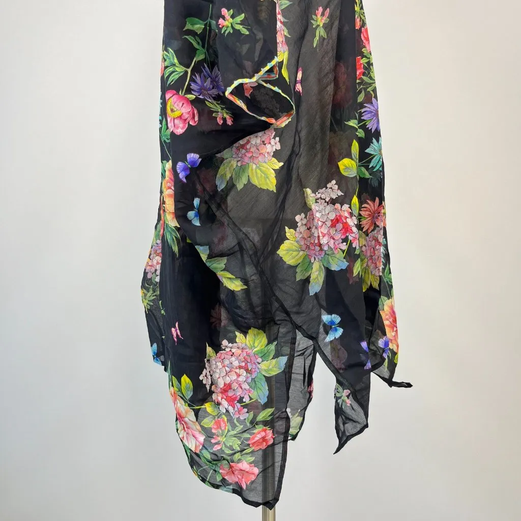 NWOT Johnny Was Black Butterfly Floral Silk Blend KIMONO Cover Up Front Tie Sz S - Image 5
