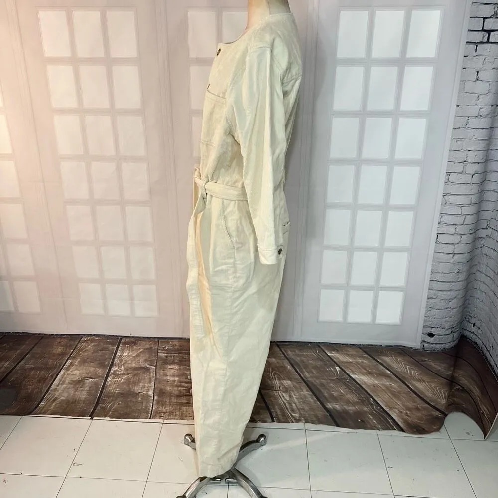 Gap Ivory White Belted Button Front Wide Leg Corduroy Jumpsuit Size 16 Tall - Image 10